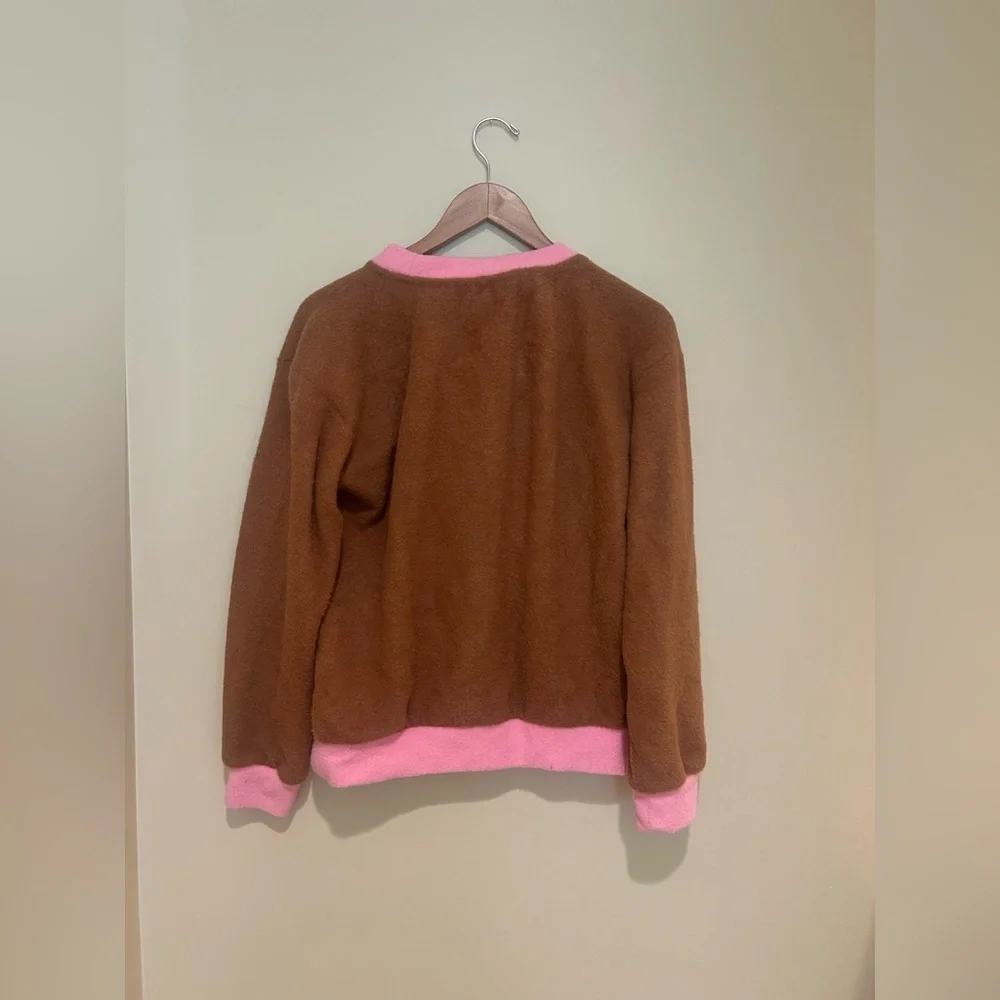 Maeve Anthropologie Brown Plush Oversized Crewneck Sweater w/ Pink Trim Size XS